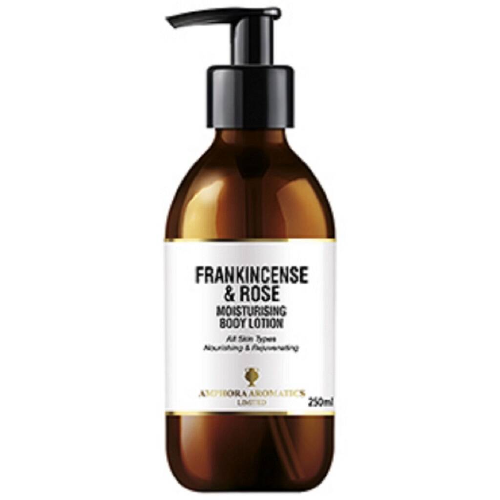 Frankincense and rose body lotion, deeply hydrating for soft, supple skin.