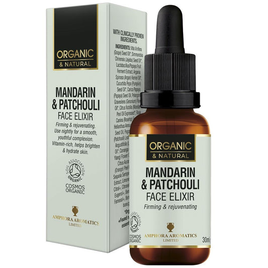 Cosmos Mandarin & Patchouli Face Elixir: nourishing and revitalising for a radiant glow.