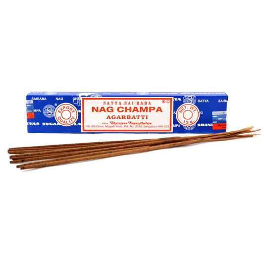 Nagchampa Satya incense sticks for a calming fragrance, hand-rolled in India for slow burn and lasting aroma.