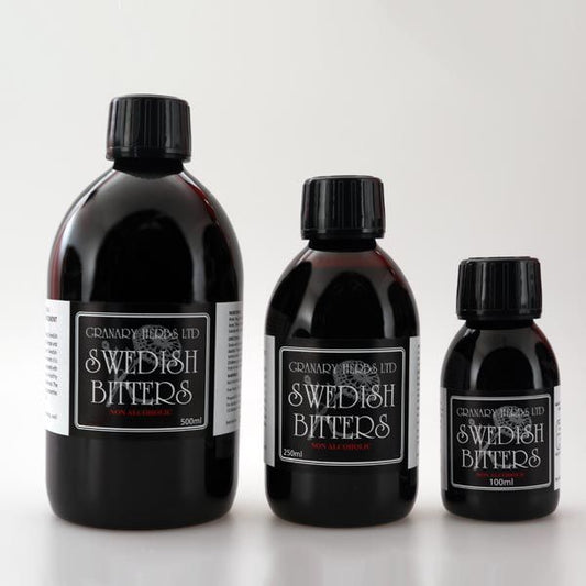 Granary Herbs Non-Alcoholic Swedish Bitters, contains Aloe, Angelica, Myrrh, and Saffron.