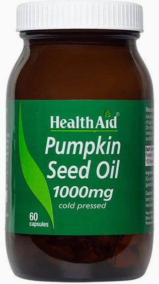 Health Aid Pumpkin seed oil 1000mg 60 capsules to support healthy prostate and urinary tract.