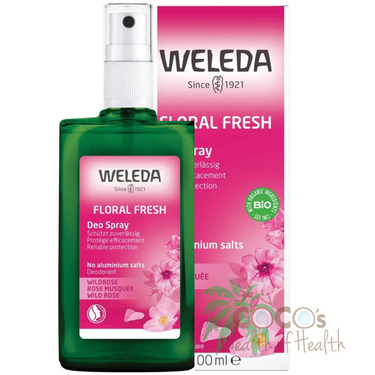 Weleda Floral Fresh Deo Spray; uplifting, natural deodorant with rose, jasmine, and ylang-ylang for reliable protection.